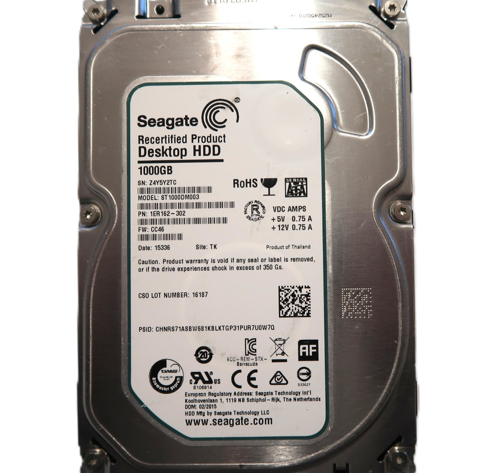 ST1000DM003 PN: 1ER162-302 FW: CC46 (Z4Y5) TK Thailand 1TB 3.5" Sata HDD 02/2015