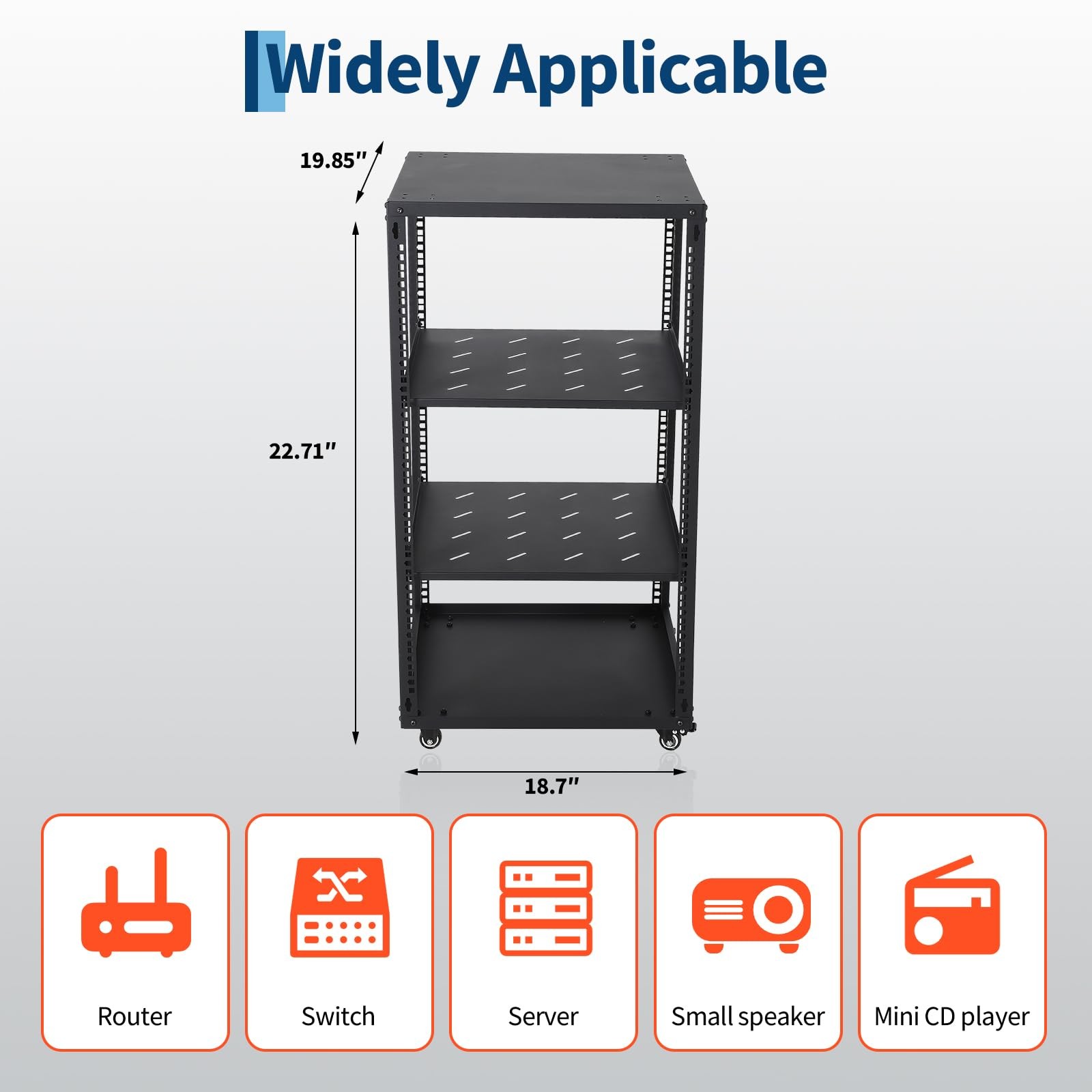 Two 1U Shelves And Moving Casters Attached On Heavy Duty 12/15U Open Frame Serve
