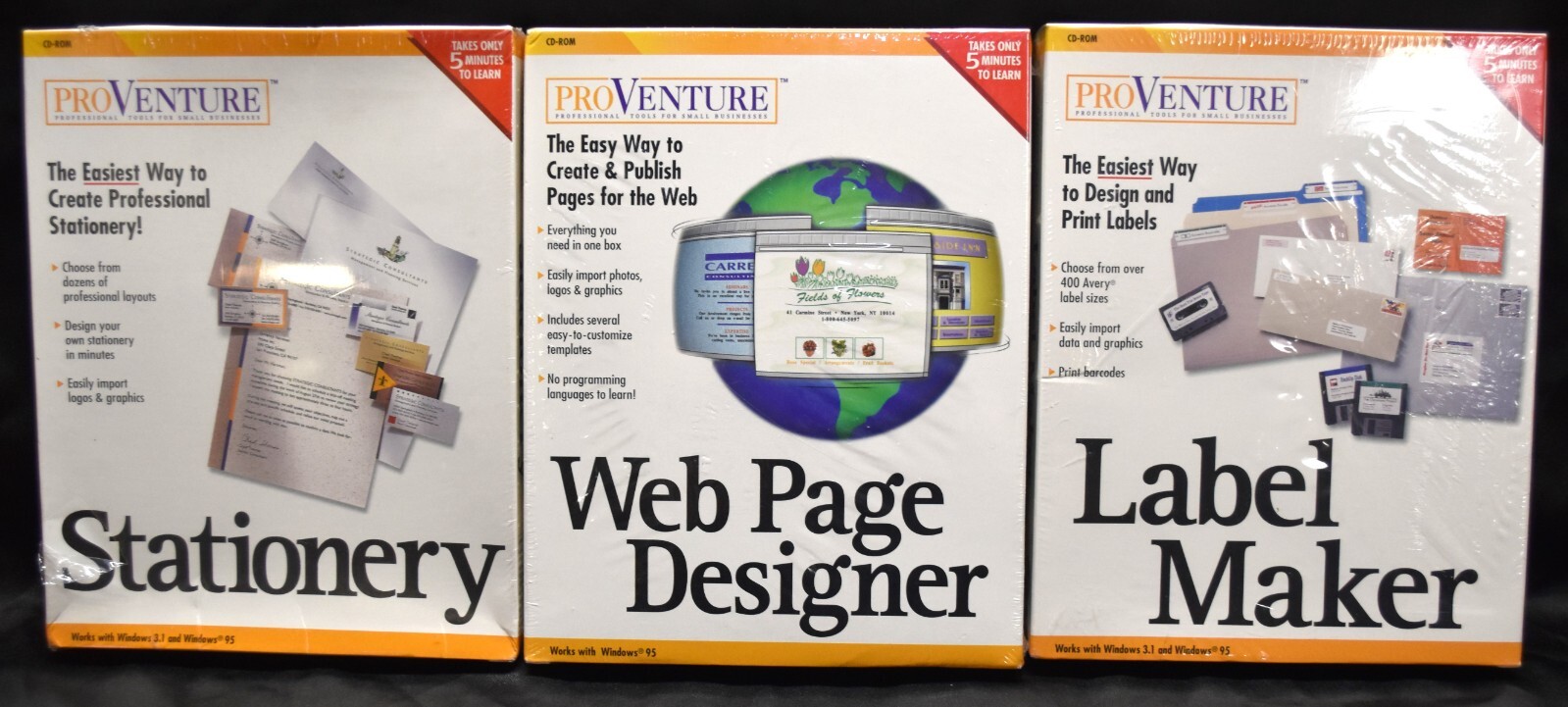 PRO VENTURE Windows 3.1/95 CD-ROM Stationery, Web Design, Label Maker - NIB
