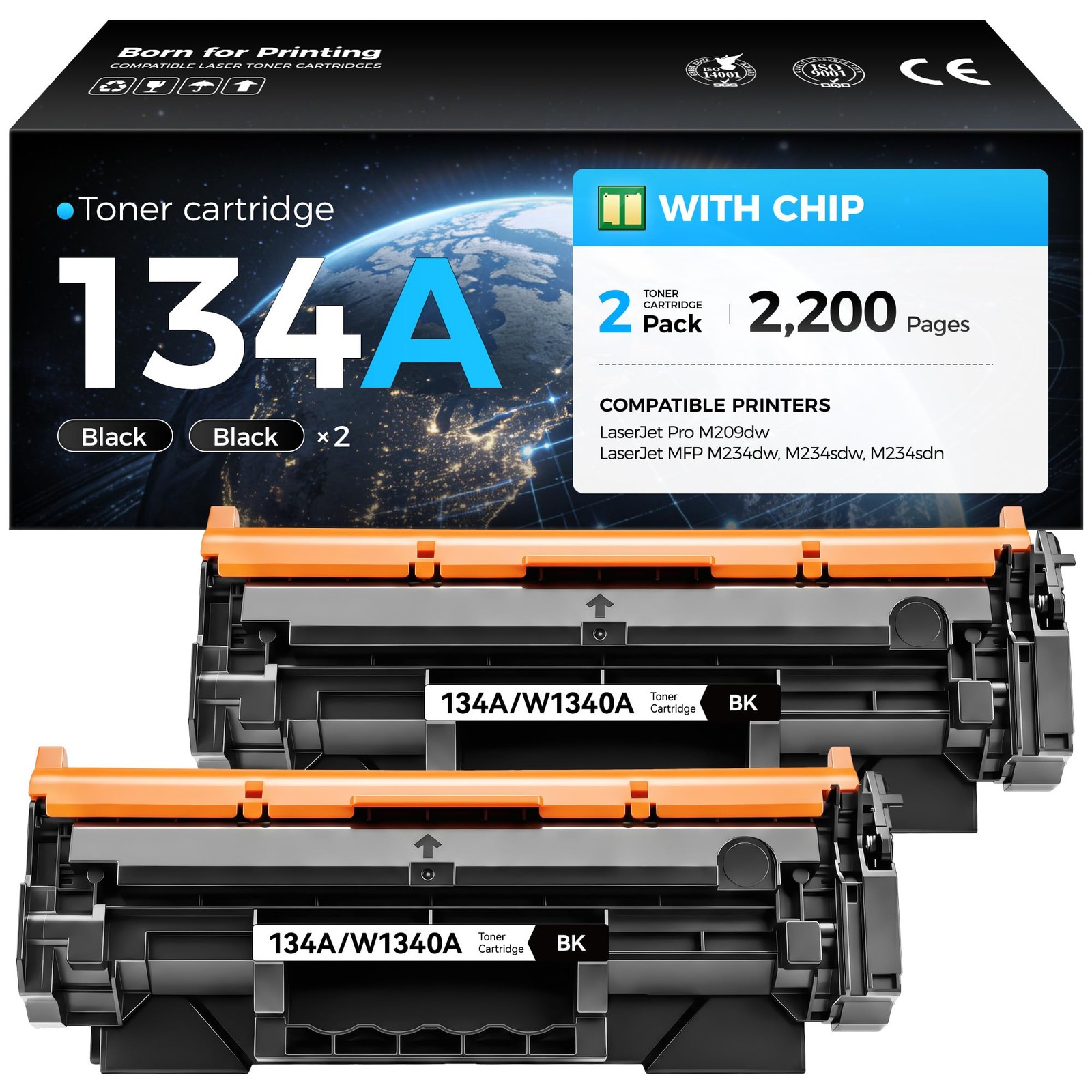 134A Toner Cartridge Black 2-Pack with chip Compatible Replacement for HP 134...