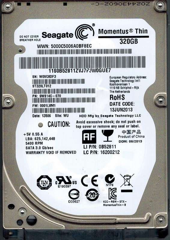 Seagate ST320LT012 P/N: 9WS14C-070 F/W: 0001LVM1 WU W0V 320GB