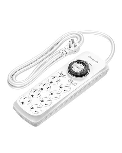  Mechanical Timer Power Strip with 8 Outlets, Flat Plug, 6ft Long Cord, White
