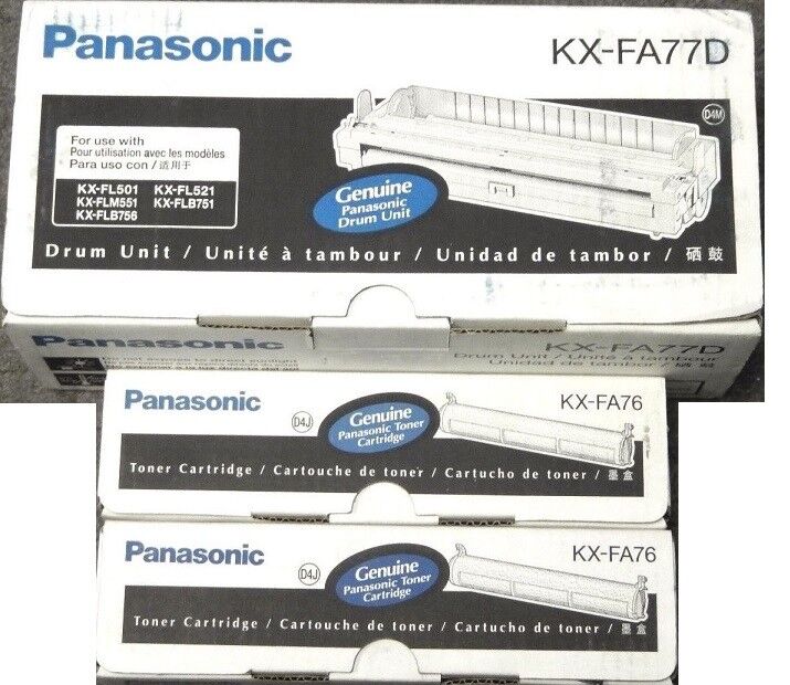 3 New Genuine Panasonic KX-FA77D Drum Unit and KX-FA76 Black Toner Cartridges