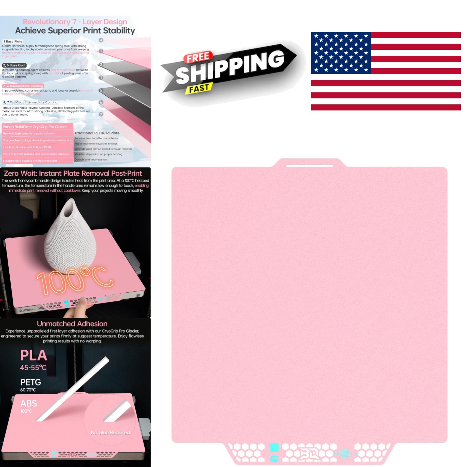 Scratch Resistant Build Plate 257x257MM Glacier Pink for Engineering Filaments