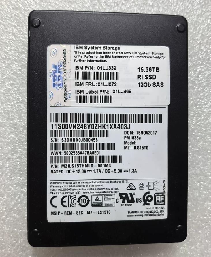 IBM Samsung PM1633A 15.36TB SSD SAS 12Gb/s MZ-ILS15THMLS-000M3 100% Health