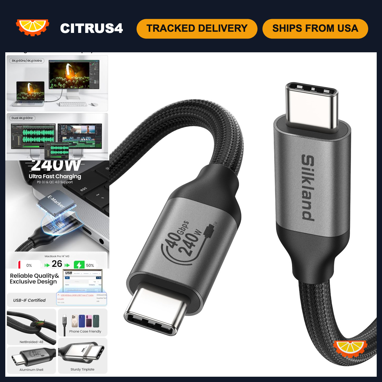 40Gbps USB 4 Thunderbolt 4 Cable 4FT, 240W Power Delivery, 8K Dual 4K Support
