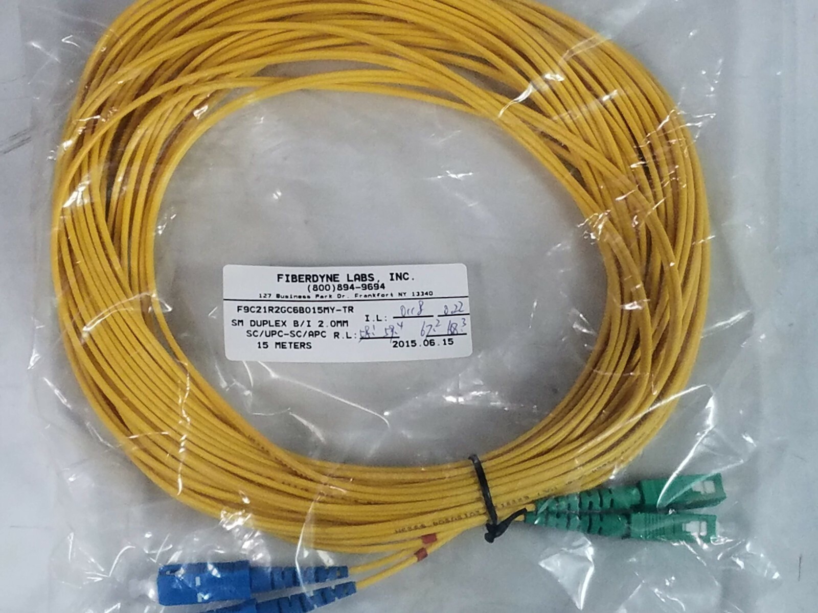 FIBERDYNE LABS F9C21R2GC6B015MY-TR Fiber Optic Jumper Cable 15 Meters