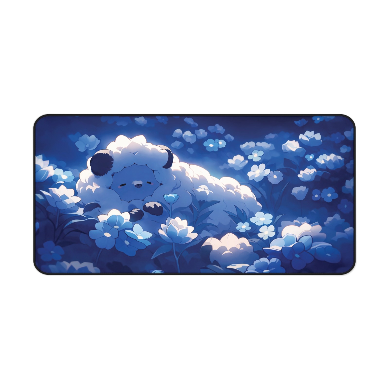 Kawaii Sleeping Animal Desk Mat Blue Floral Gaming Mouse Pad Large Desk Pad