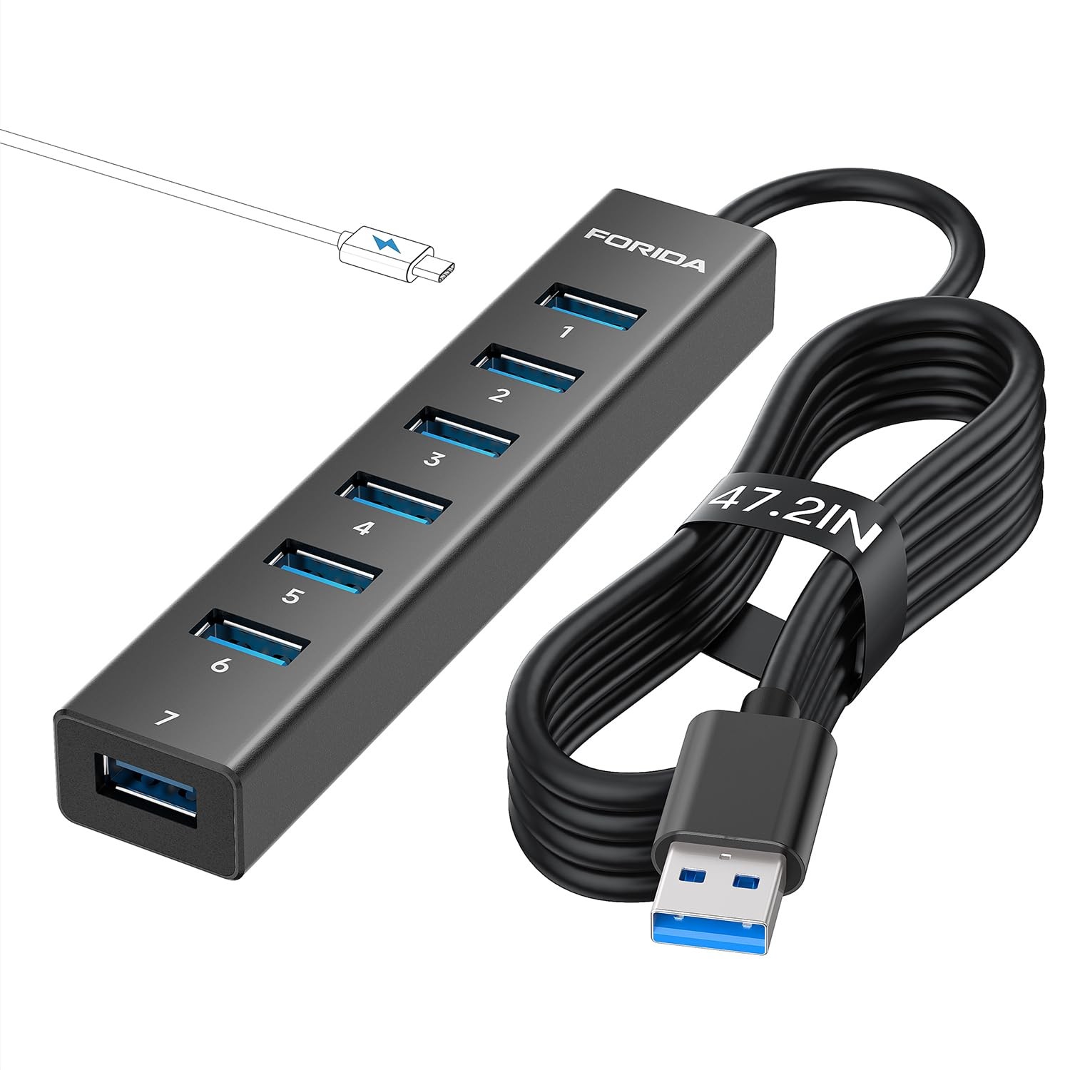Aluminum Alloy 8 Port USB Hub Long Cable USB Splitter 7USB3.0 TypeC Black