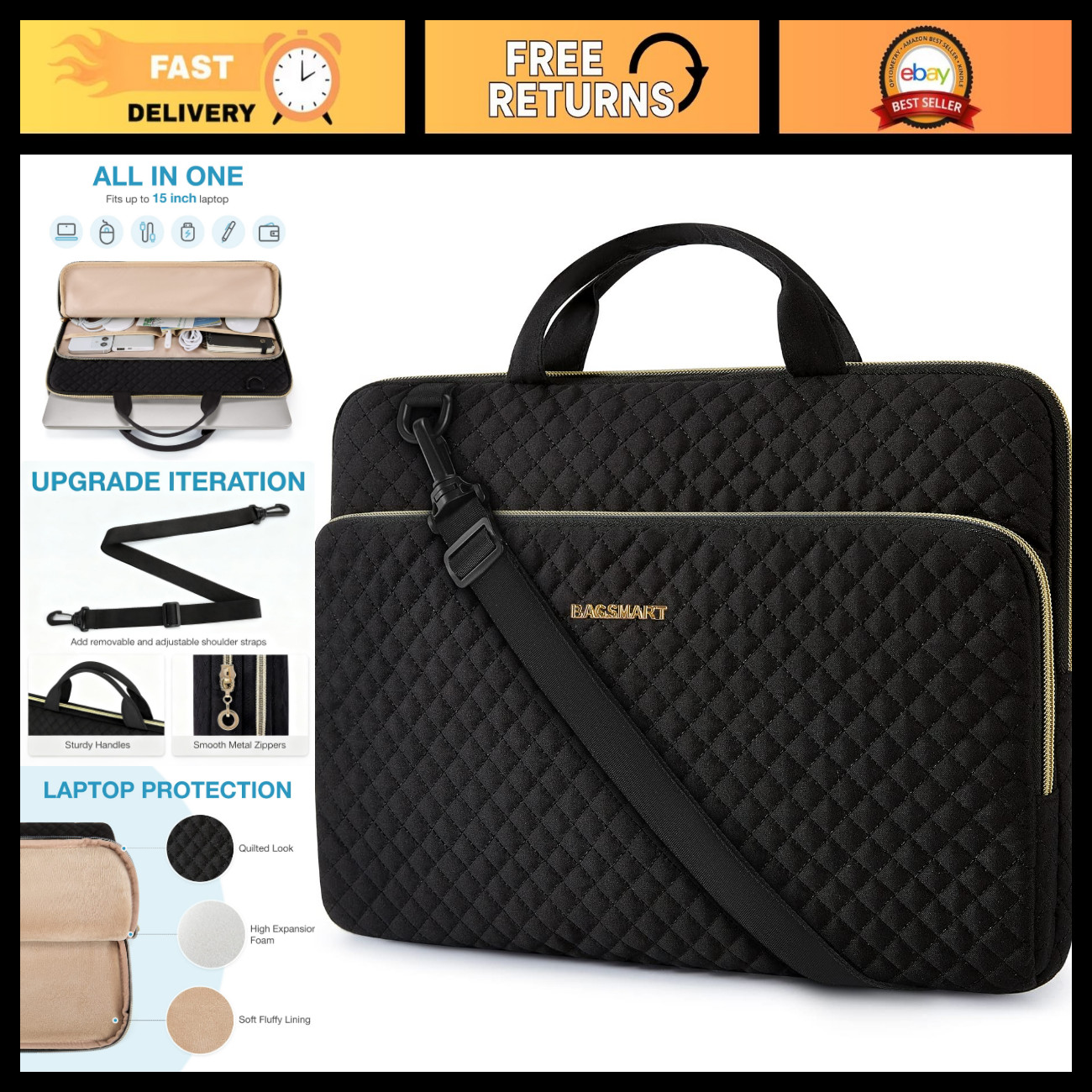 Water-Resistant Laptop Sleeve Case with Handle, Protective Padded Bag for 15.6"