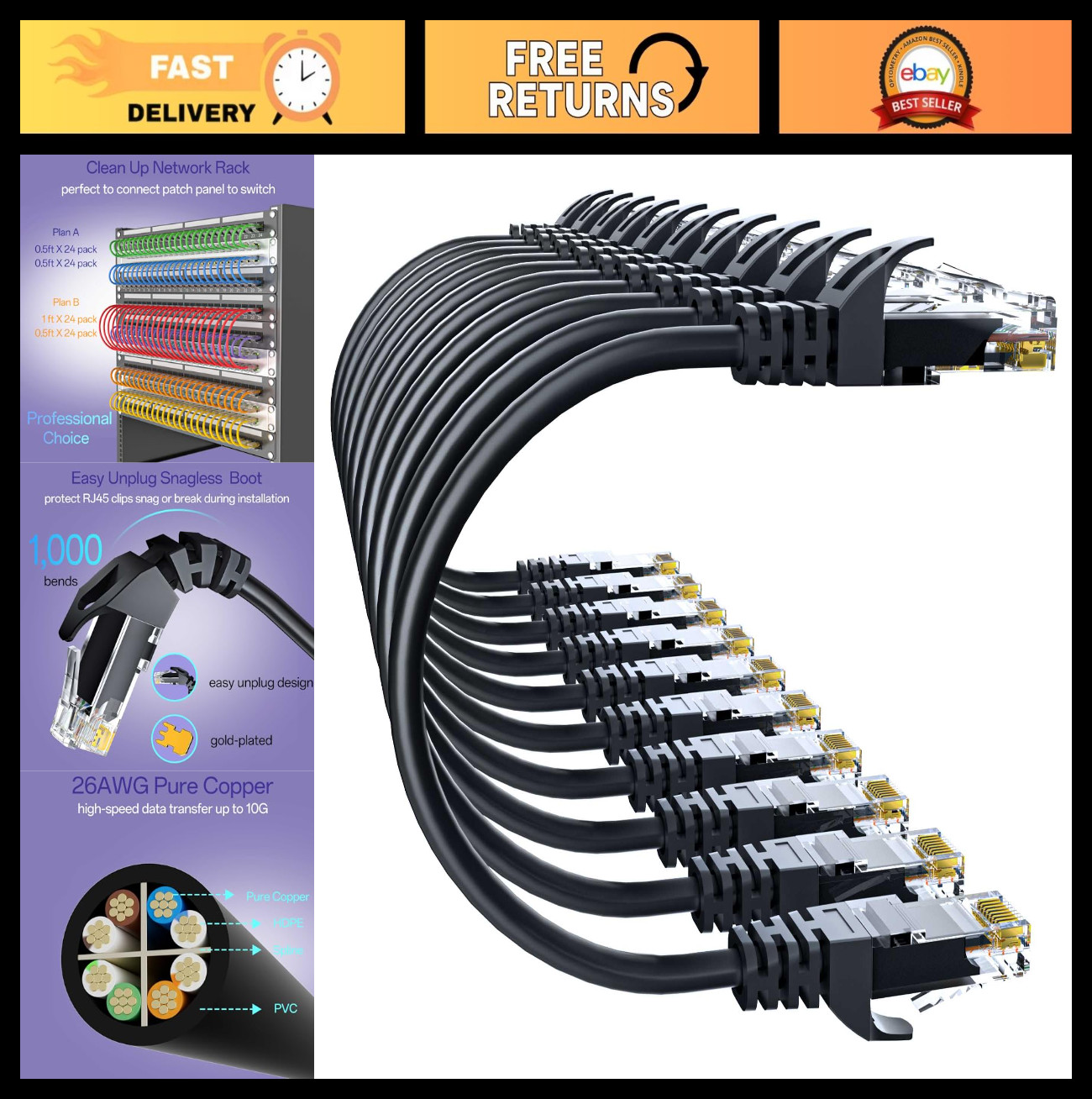 10FT Cat 6 Ethernet Cable 10-Pack, High-Speed 10Gbps UTP Network Cable, Pure Cop