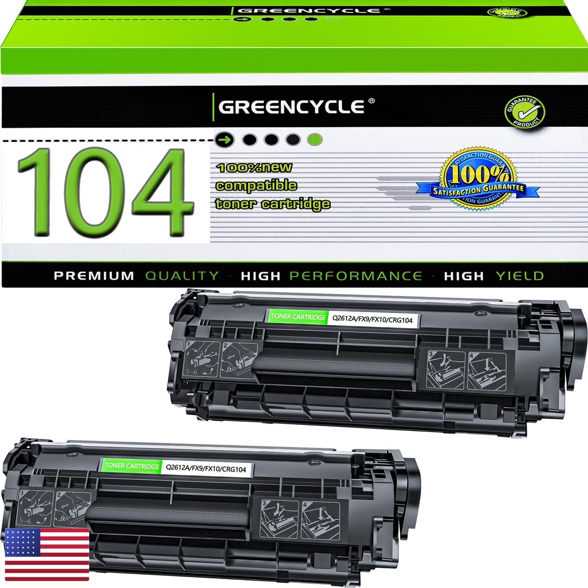 Greencycle 2 Pack C104 CRG104 FX9 FX10 Canon 104 Black Toner Cartridge MF4100