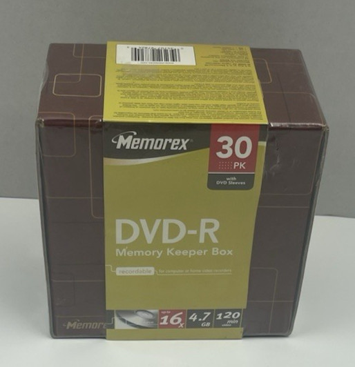 New- Sealed -Memorex DVD-R 16 X 4.7GB  - 30Pk  with Memory Keeper Box &Sleeves