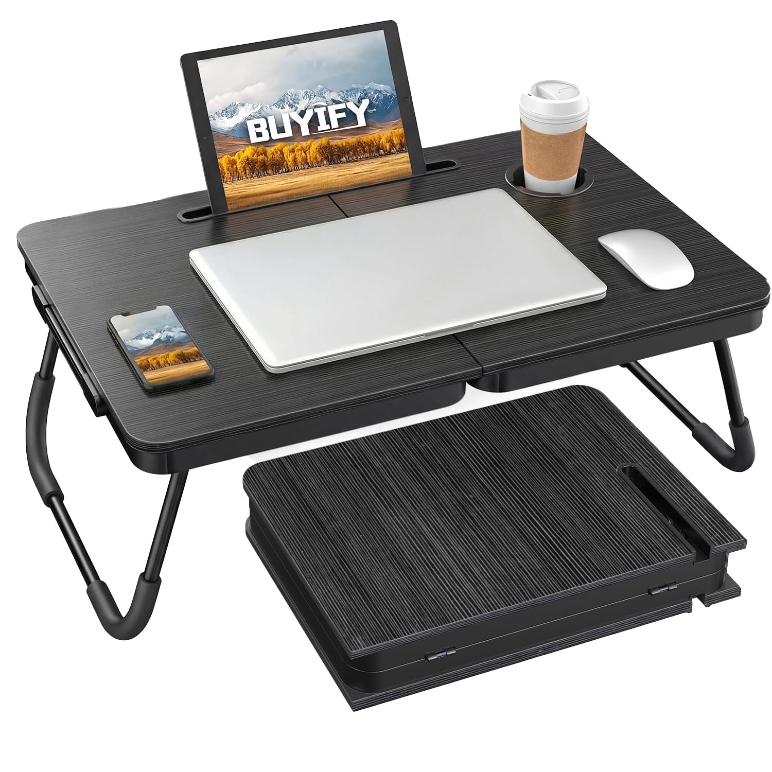 23.4" Black Foldable Lap Desk Table with Cup Holder Tray Portable Adjustable