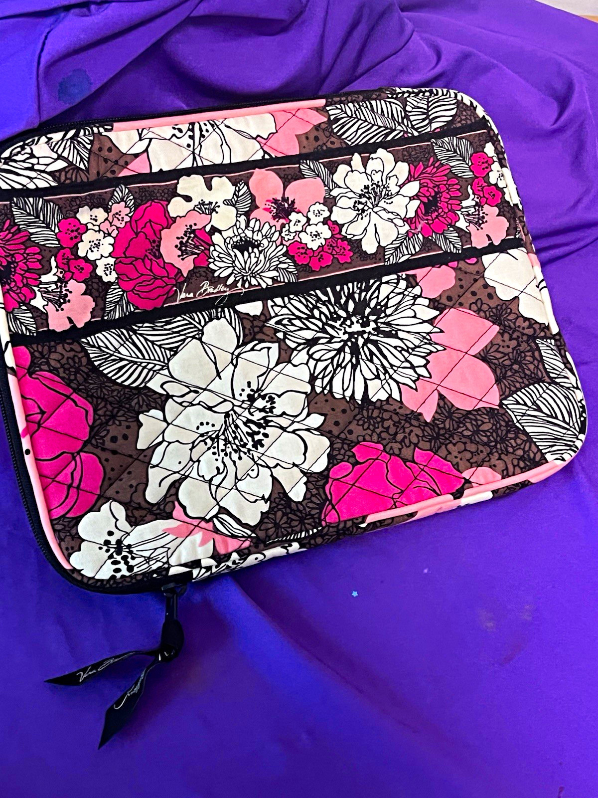 Vera Bradley Quilted Cotton Zip Tablet Sleeve 10in Pink Brown Black White