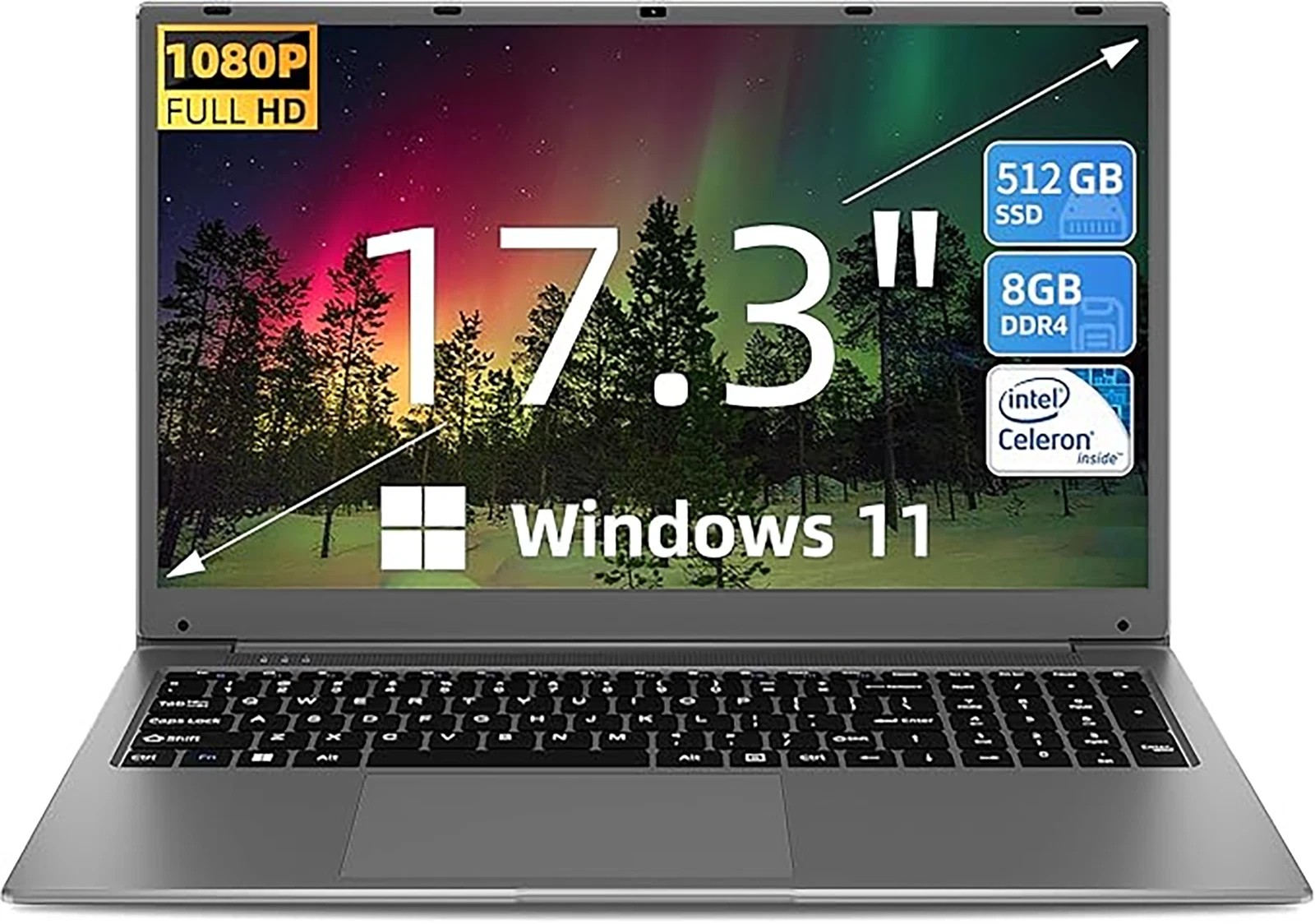 SGIN 17.3" Full HD Laptop IPS 8GB DDR4 512GB SSD Notebook Windows 11 WIFI 5