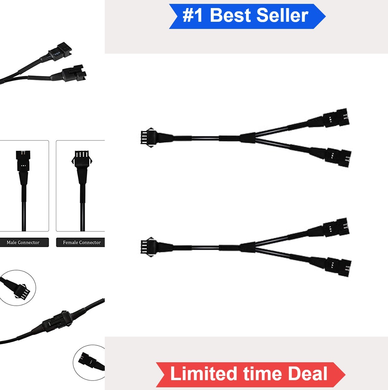LED Splitter Y Cable 1 Female to 2 Male 4 Pin for 5050 RGB Neon Strip Lights