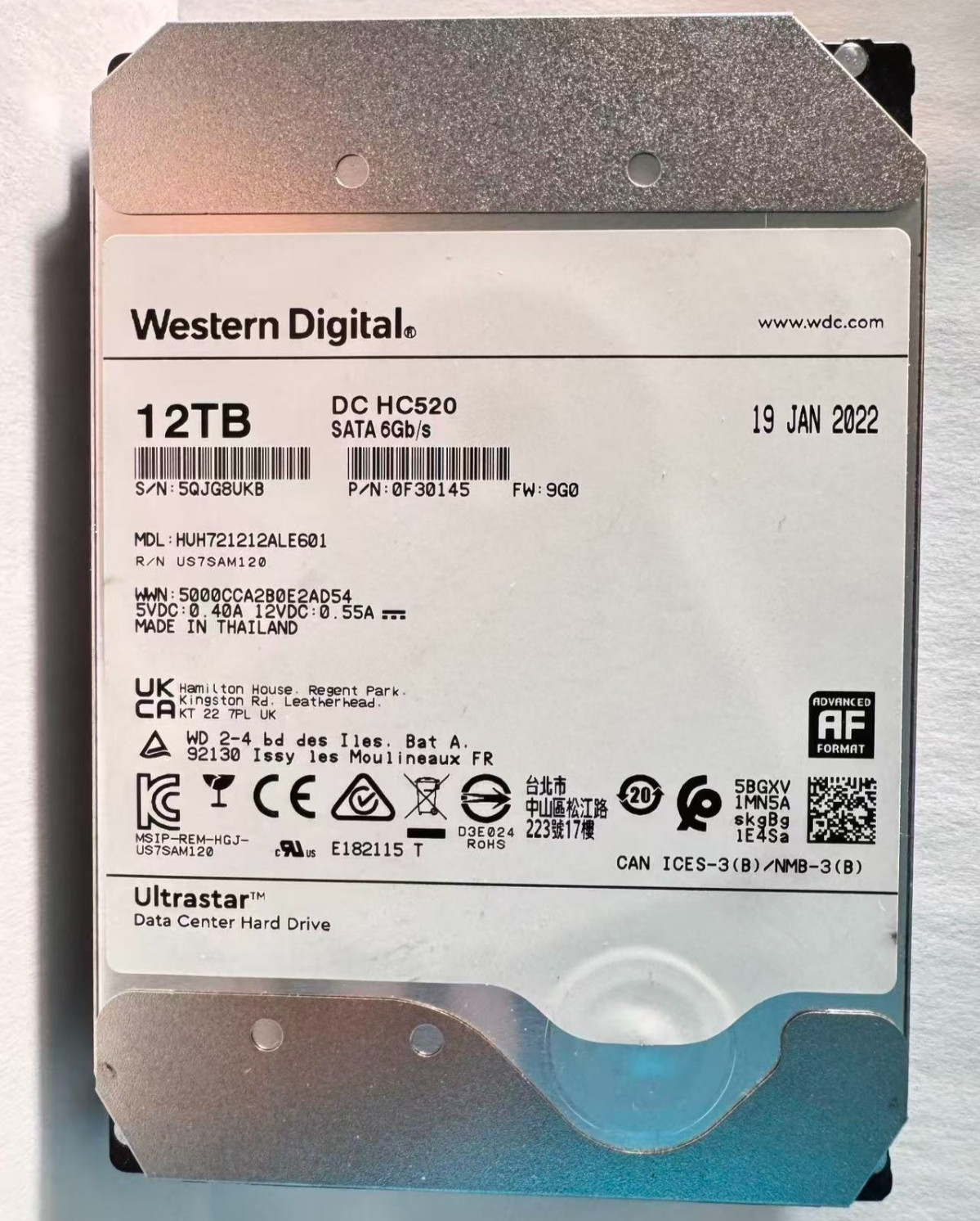 WD Ultrastar DC HC520 12TB 3.5" SATA 6Gb 7200RPM Enterprise HDD HUH721212ALE601