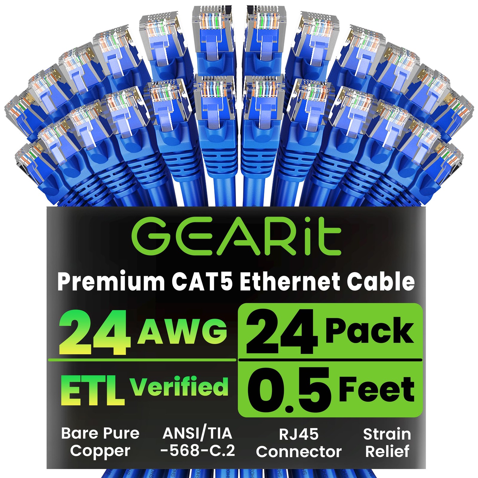 24pack Cat5e Ethernet Patch Cable 0.5 Feet Snagless Rj45 Computer Lan Network Co