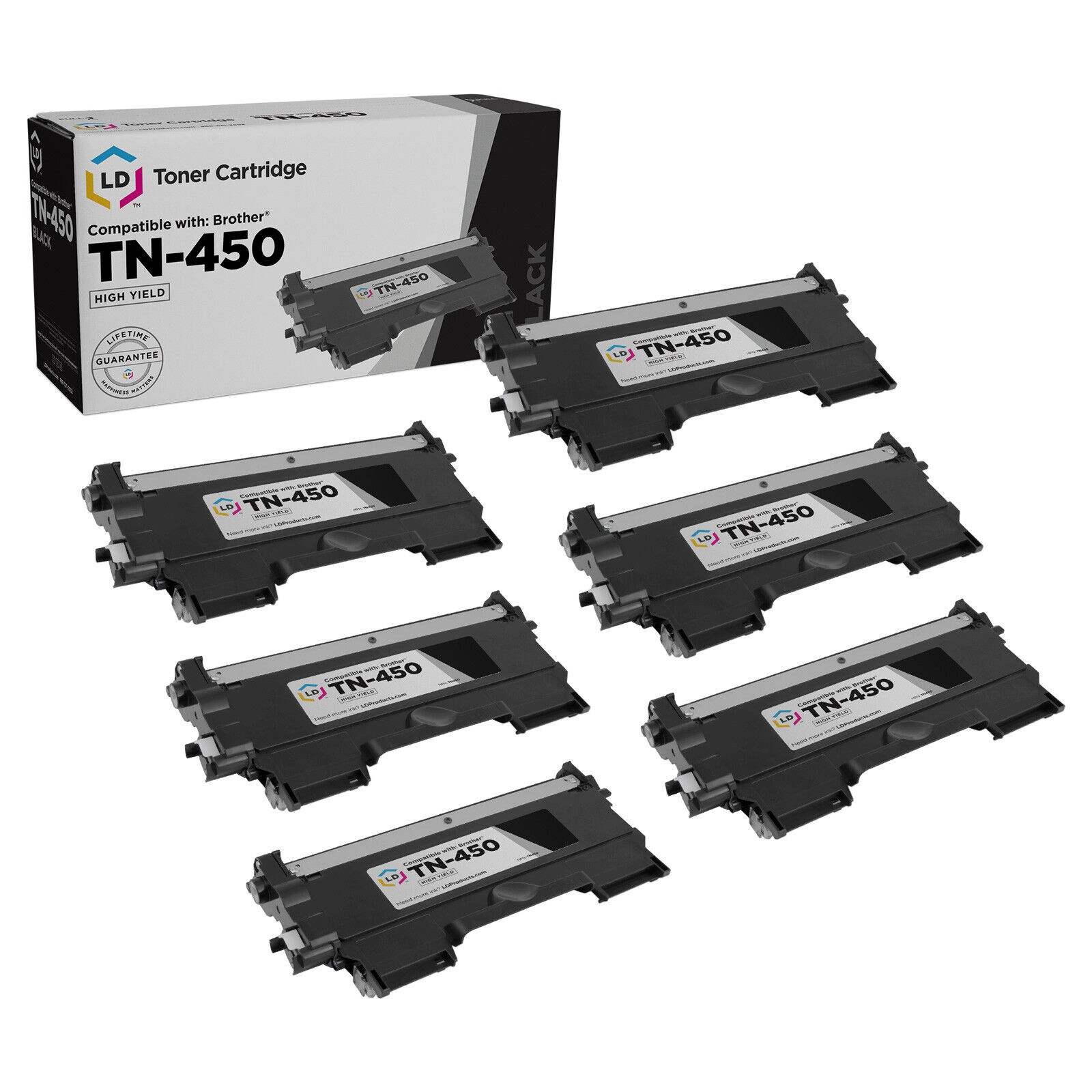 LD  6pk Comp Toner for Brother TN450 Black Cartridge DCP MFC Intellifax Printer