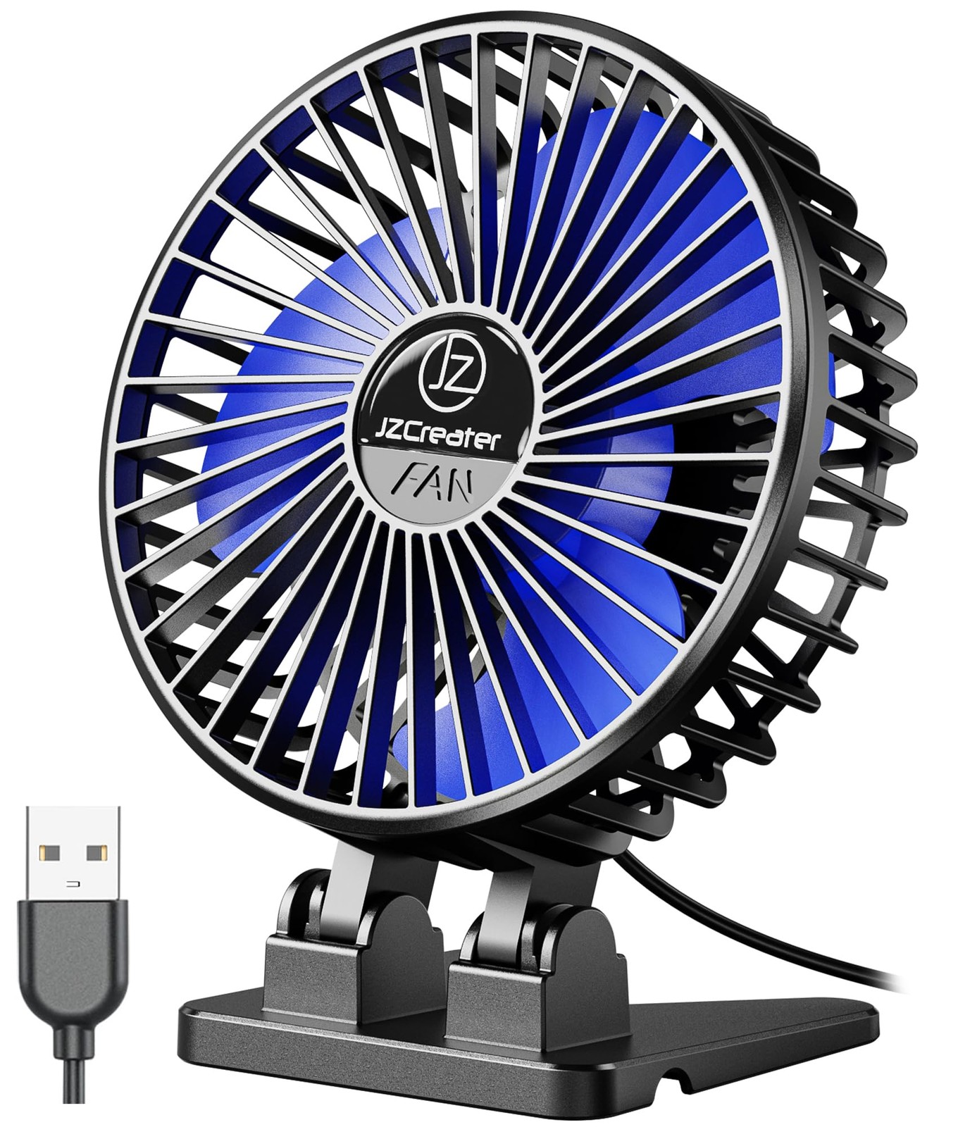 JZCreater USB Desk Fan, Mini Portable Fans, 3 Speeds 4.1 inches, Black Blue