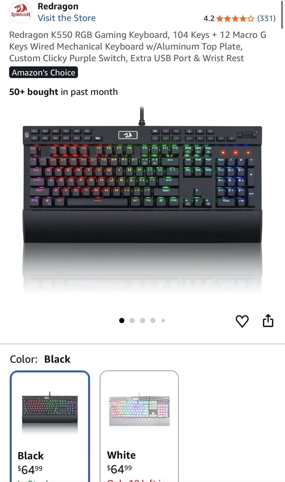Redragon K550 RGB Gaming Keyboard, 104 Keys + 12 Macro