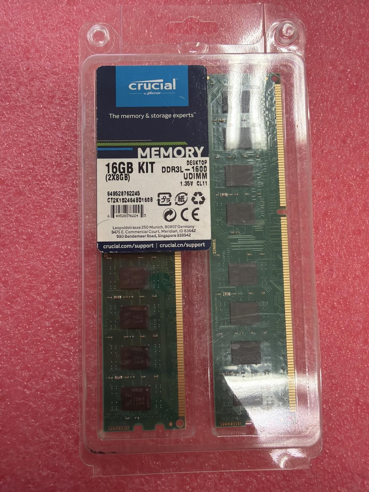 CRUCIAL DDR3L-1600 16GB DESKTOP MEMORY RAM KIT (2x8GB) CT102464BD160B.C16FPD