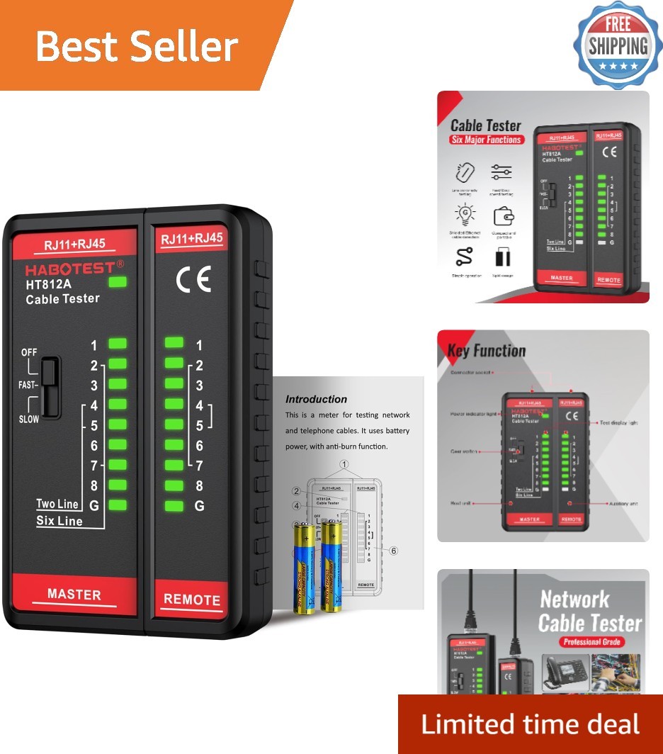 Portable Ethernet & Telephone Cable Tester - LED Display, Lightweight Design