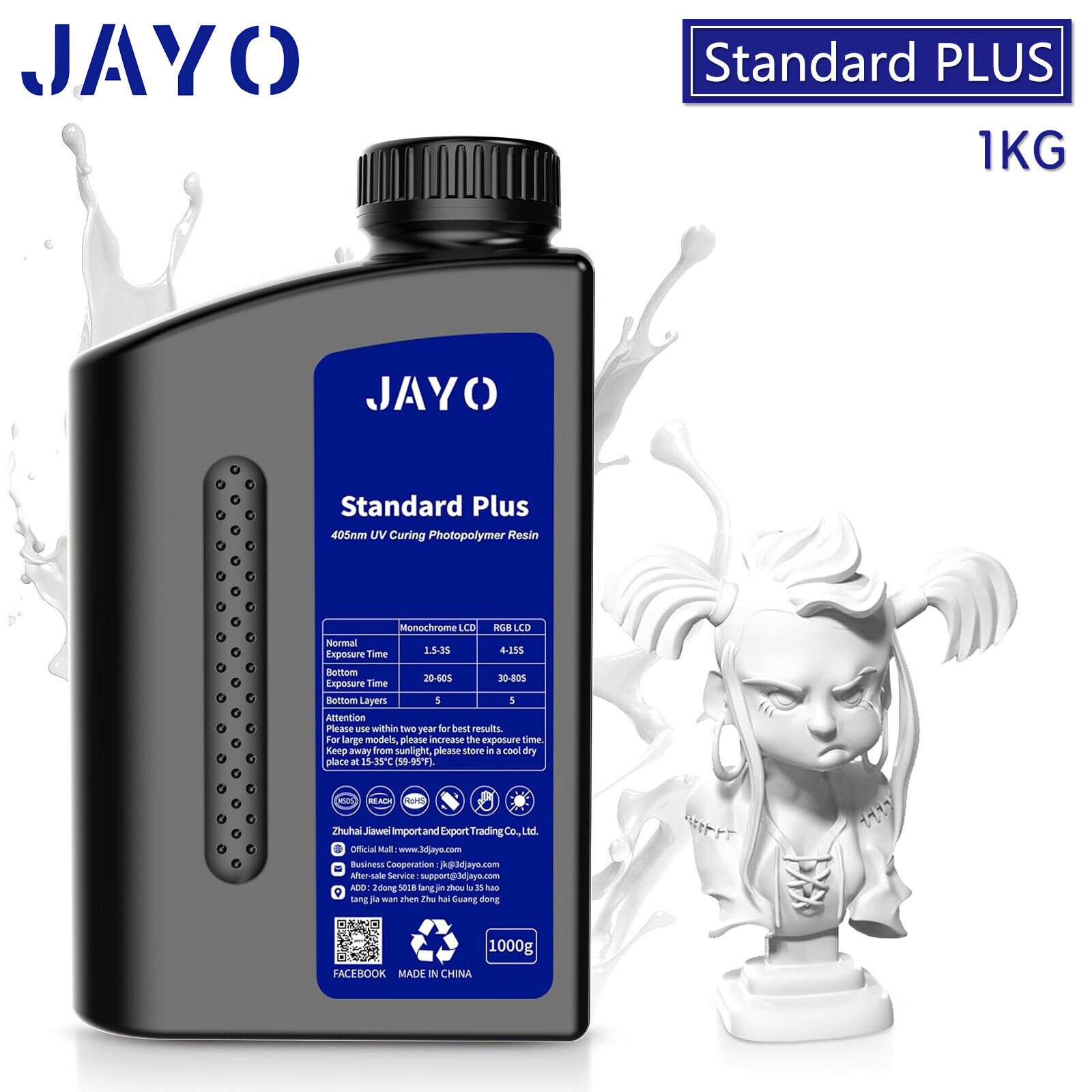 JAYO 1KG White Standard PLUS Resin UV 405nm 3D Printer Higher Precision Stronger