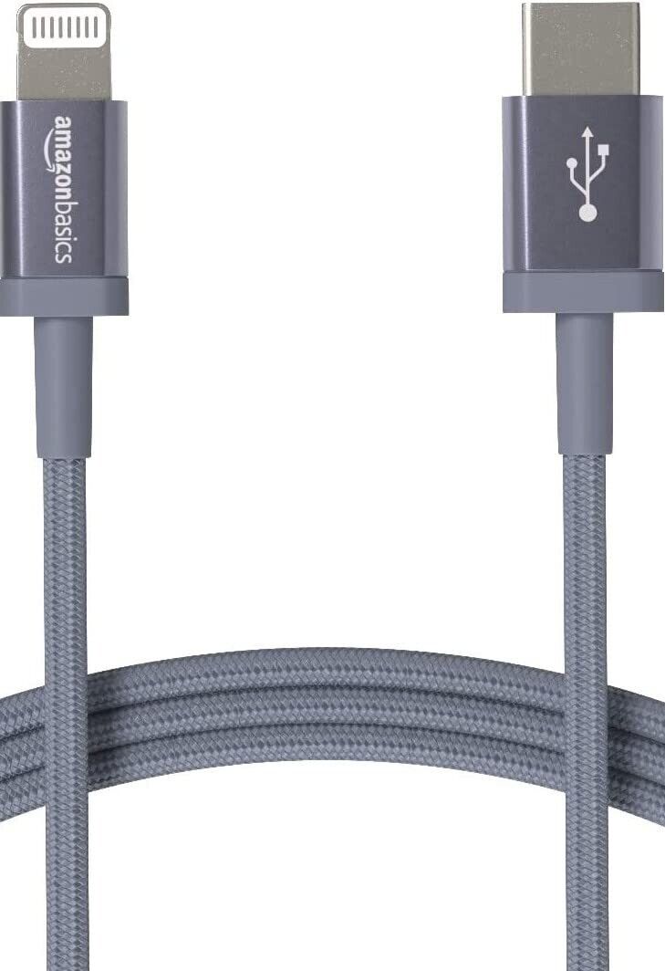 Amazon Basics USB-C to Lightning Cable, Nylon Braided Cord, Gray, 6 Feet (A380)