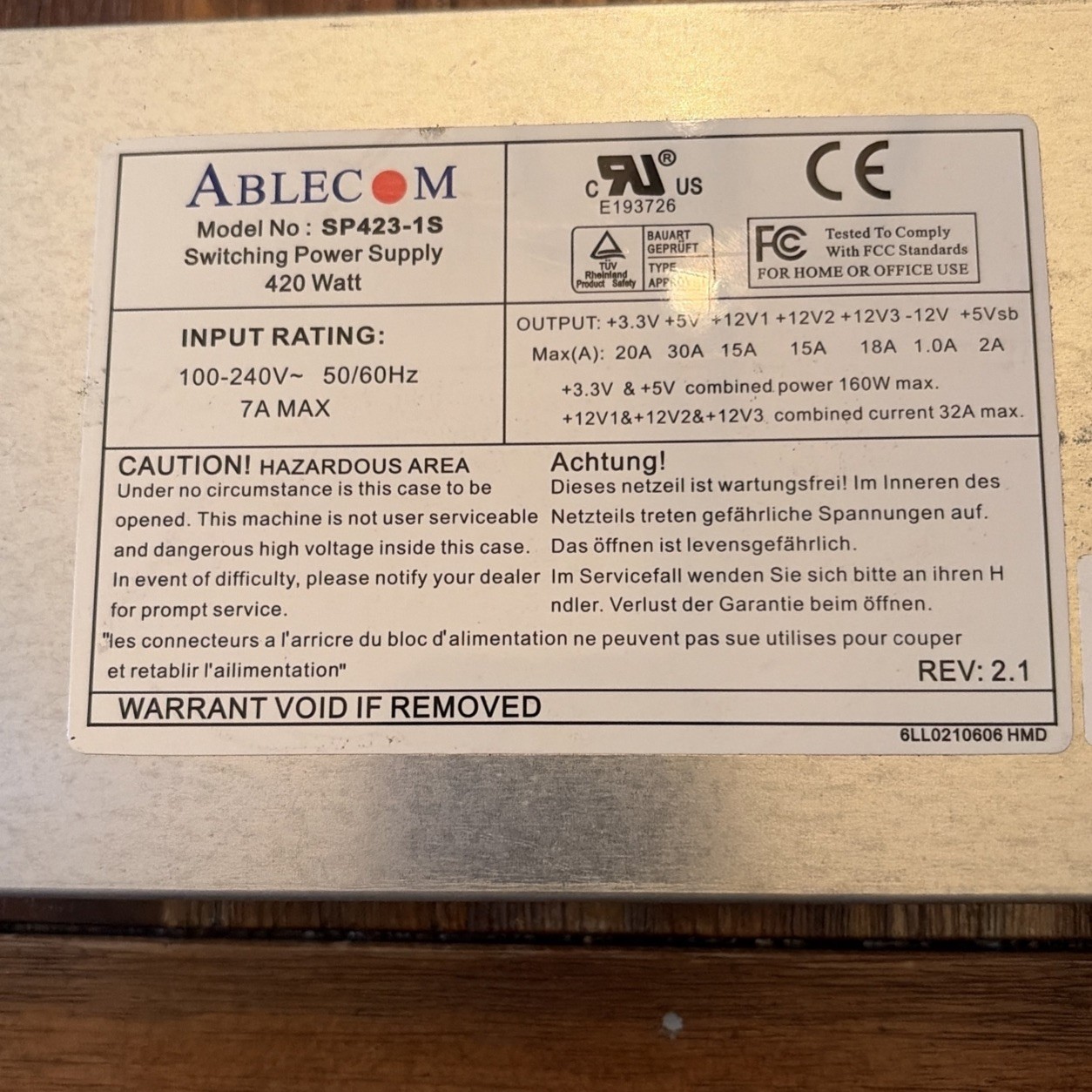 Supermicro Ablecom SP423-1S PWS-0053 420W 1U Server Power Supply PSU