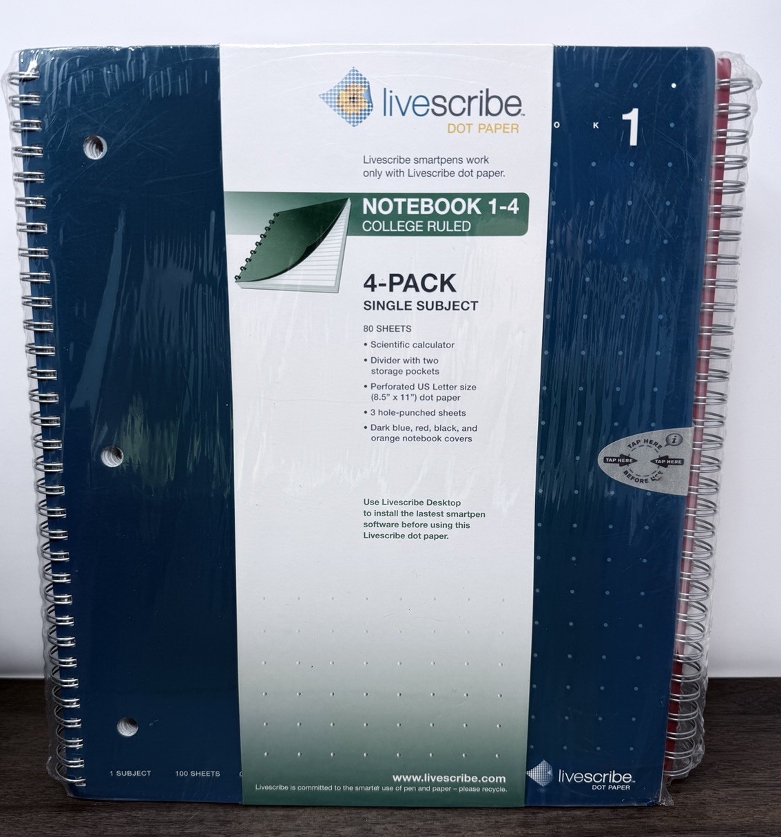LIVESCRIBE DOT PAPER NOTEBOOK 1-4 COLLEGE RULED 4-PACK SINGLE SUBJECT 80 SHEETS