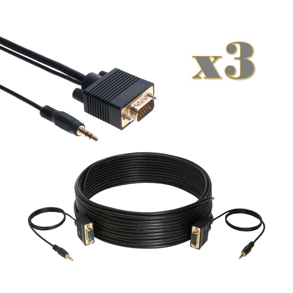3-Pack - 15FT SVGA M/M + 3.5mm Aux Audio Cable Jack for Monitor PC Projector TV