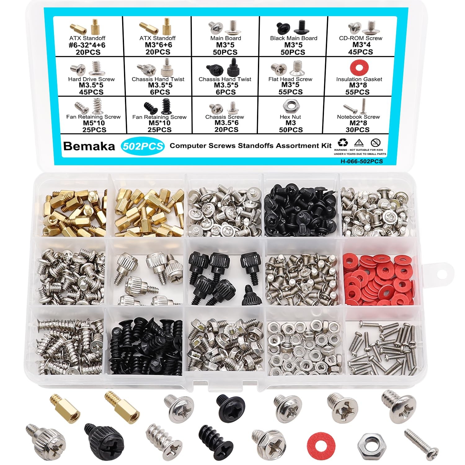 Computer Screws PC Fasteners Hardware Kit 502 Piece Metal Plated Motherboard Cas