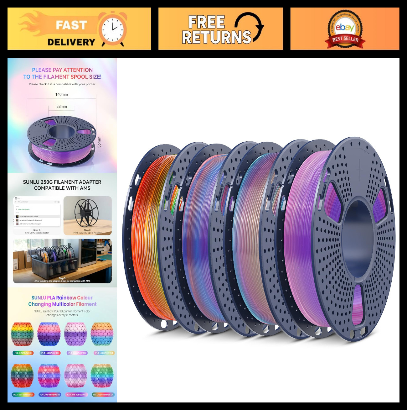 Multicolor Transparent Rainbow PLA Filament Bundle 1.75mm, 4 Pack, 0.25kg Spools