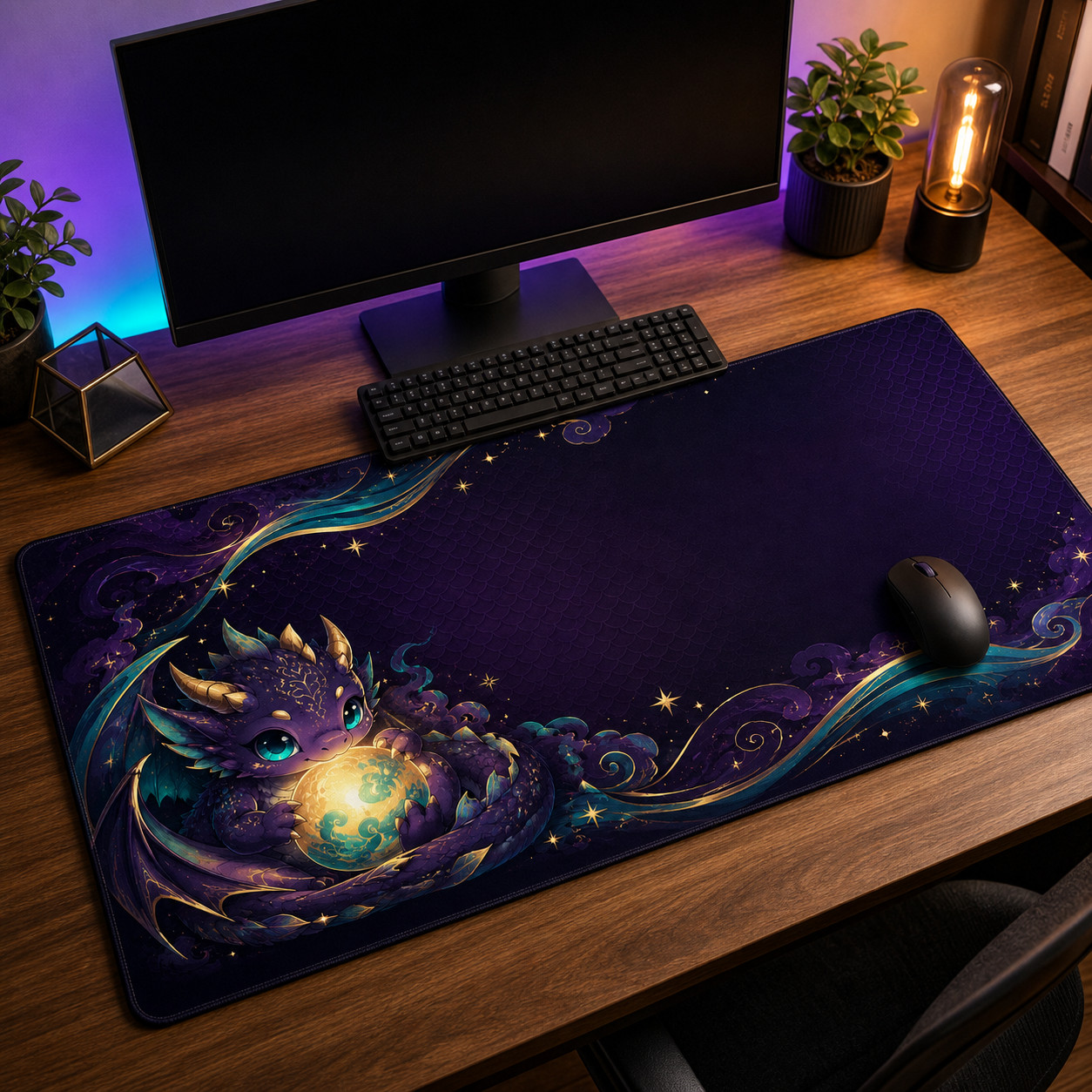 Cute Purple Baby Dragon Desk Mat Celestial Gaming Mouse Pad 36x18