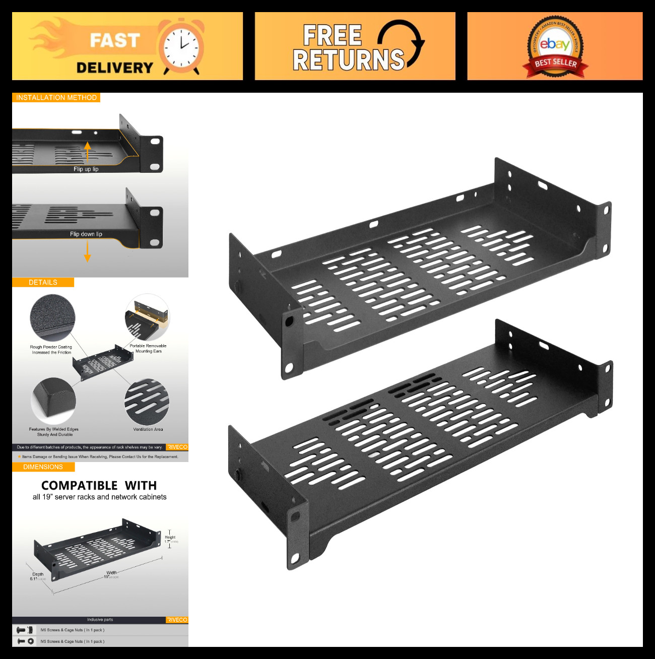 2-Pack 6" Vented Rack Shelf for 19" Server IT Sound Cabinets - Heavy Duty Storag