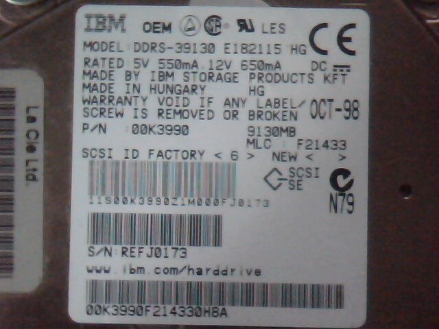 Hard Disk Drive IBM DDRS-39130 E182115 HG 00K3990 IDE