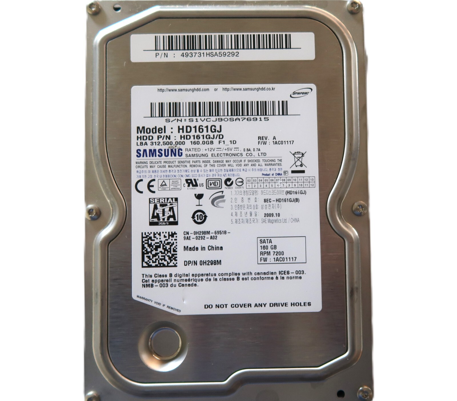Samsung HD161GJ (HD161GJ/D) 1AC01117 REVA (S1VC) 3.5" 160gb Sata 0H298M 2009.10