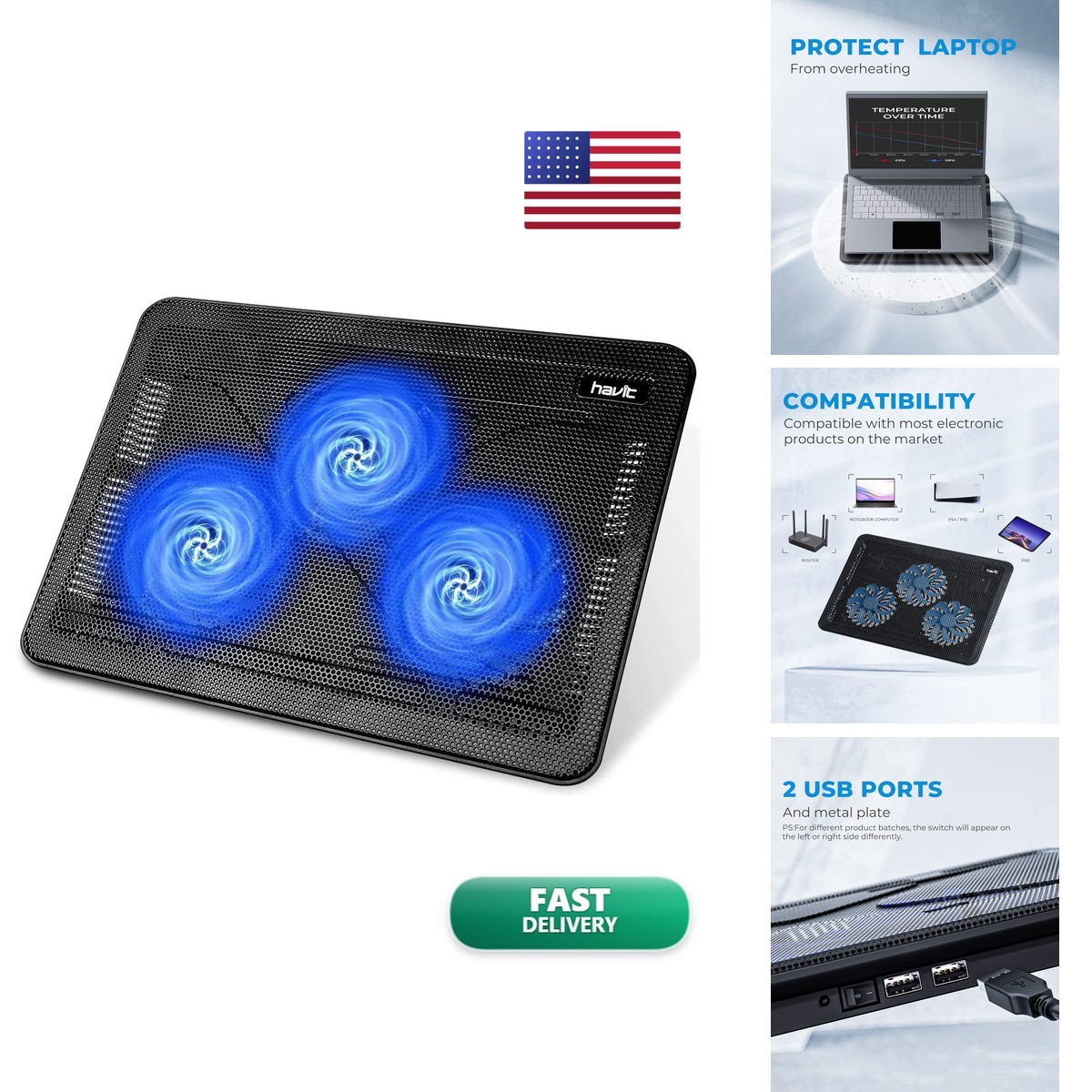 Havit HV-F2056 15.6-17" Laptop Cooling Pad USB 3 Fans Black/Blue