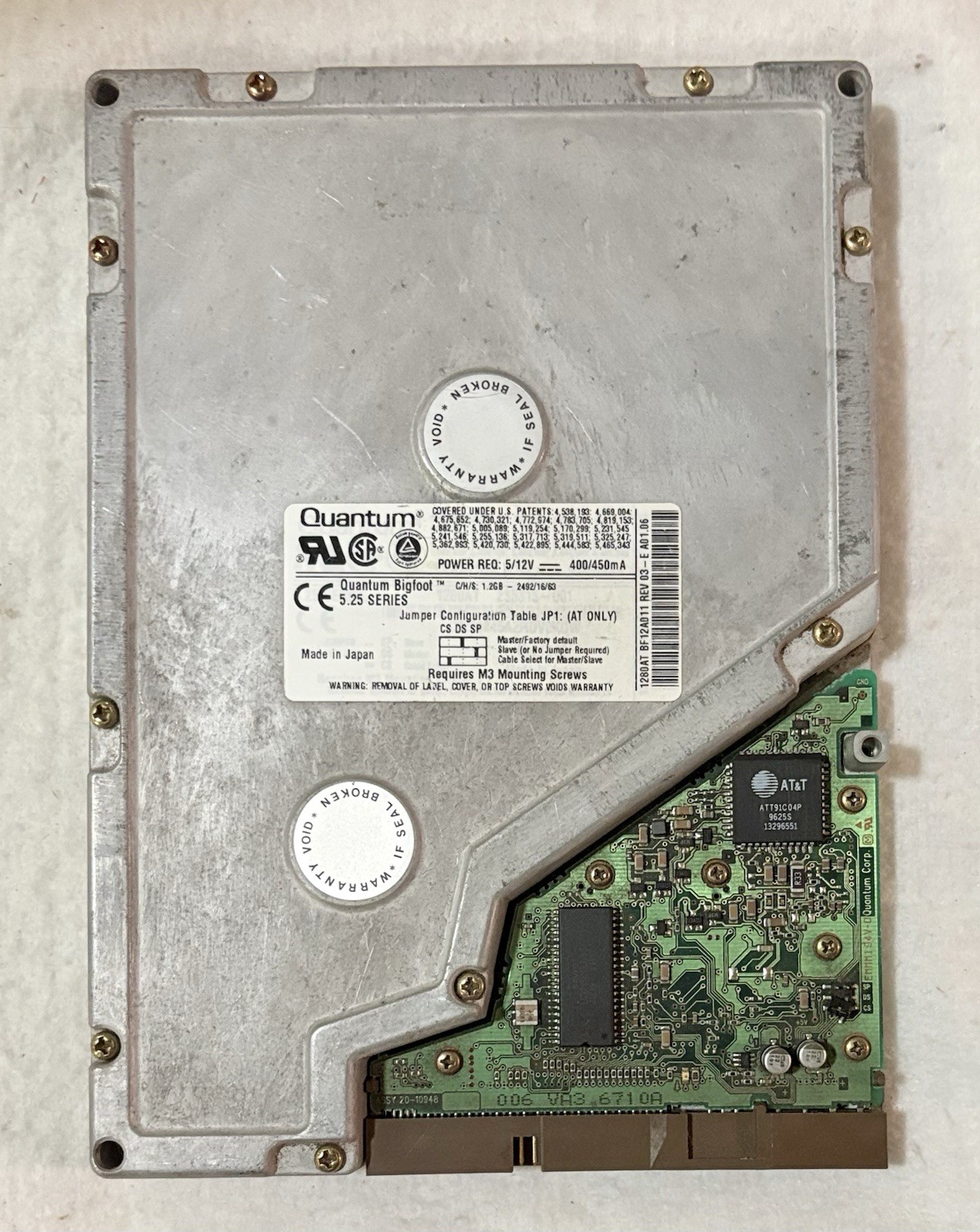 Vintage Quantum Bigfoot 5.25 Series 1.28GB Hard Disk Drive, BF12AD11, Japan Made