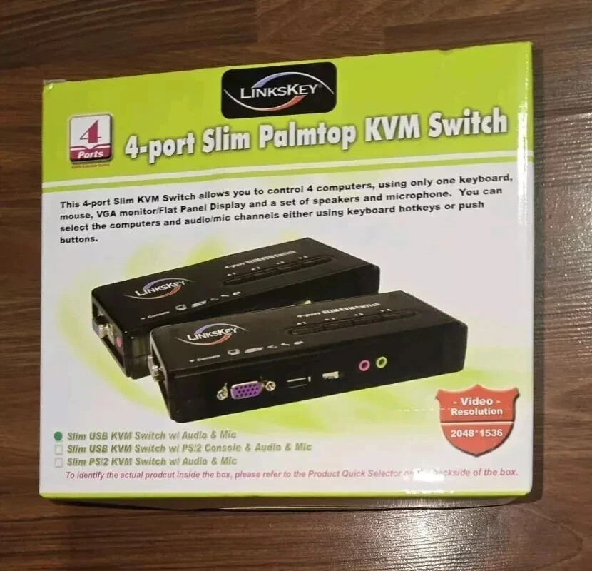 NEW Linkskey 4-Port Slim Palmtop KVM Switch w Audio & Mic LKU-S04ASK FreeShip