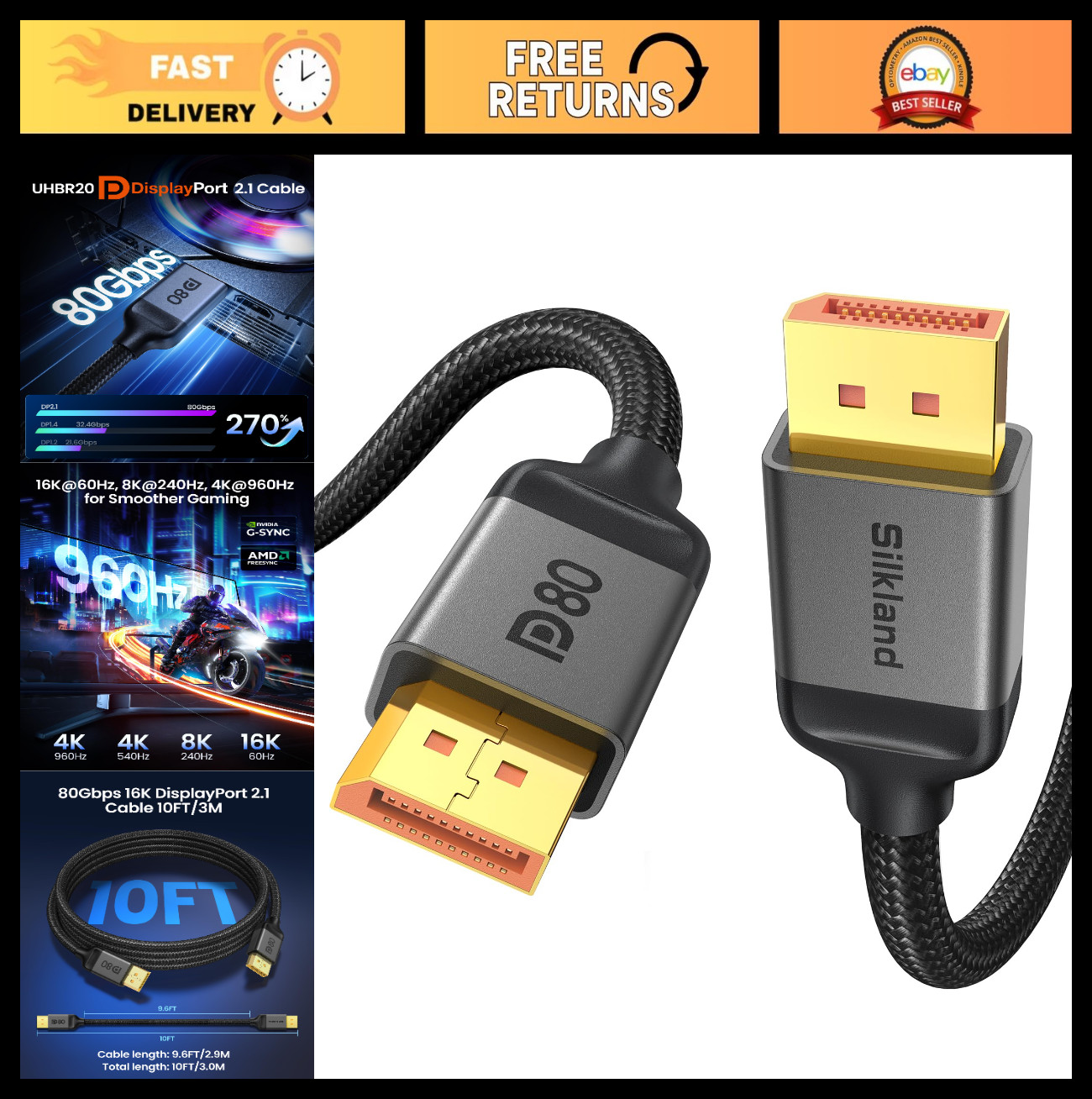 High-Speed 80Gbps DisplayPort 2.1 Cable 10FT/3M, HDR Gaming Cord for PC & Monito