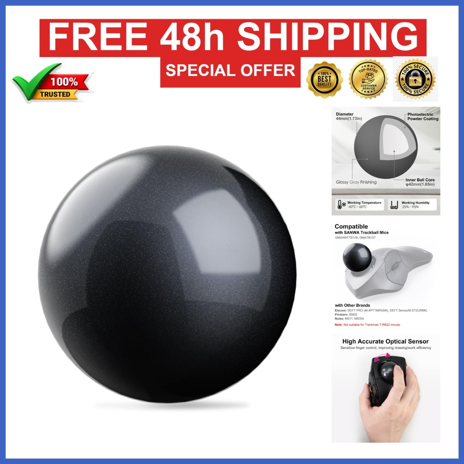 SANWA 44mm Trackball Replacement Ball for Various Mouse Models