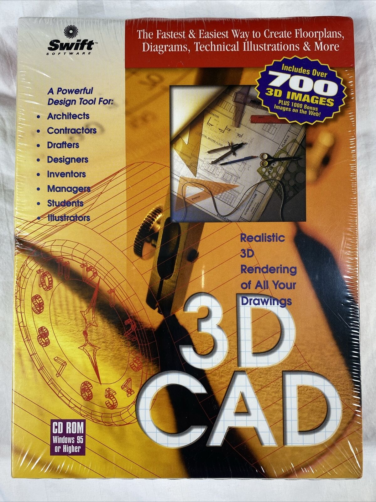 Vintage 1999 Swift Drawing Software 3D CAD (CD ROM Windows 95) SEALED BRAND NEW