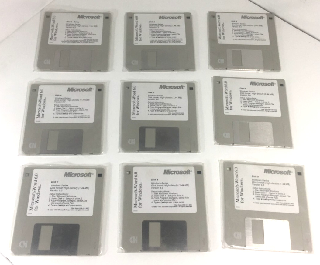 Microsoft Word 6.0 For Windows Version 6.0 | Floppy Disk Set 3.5" Set of 9