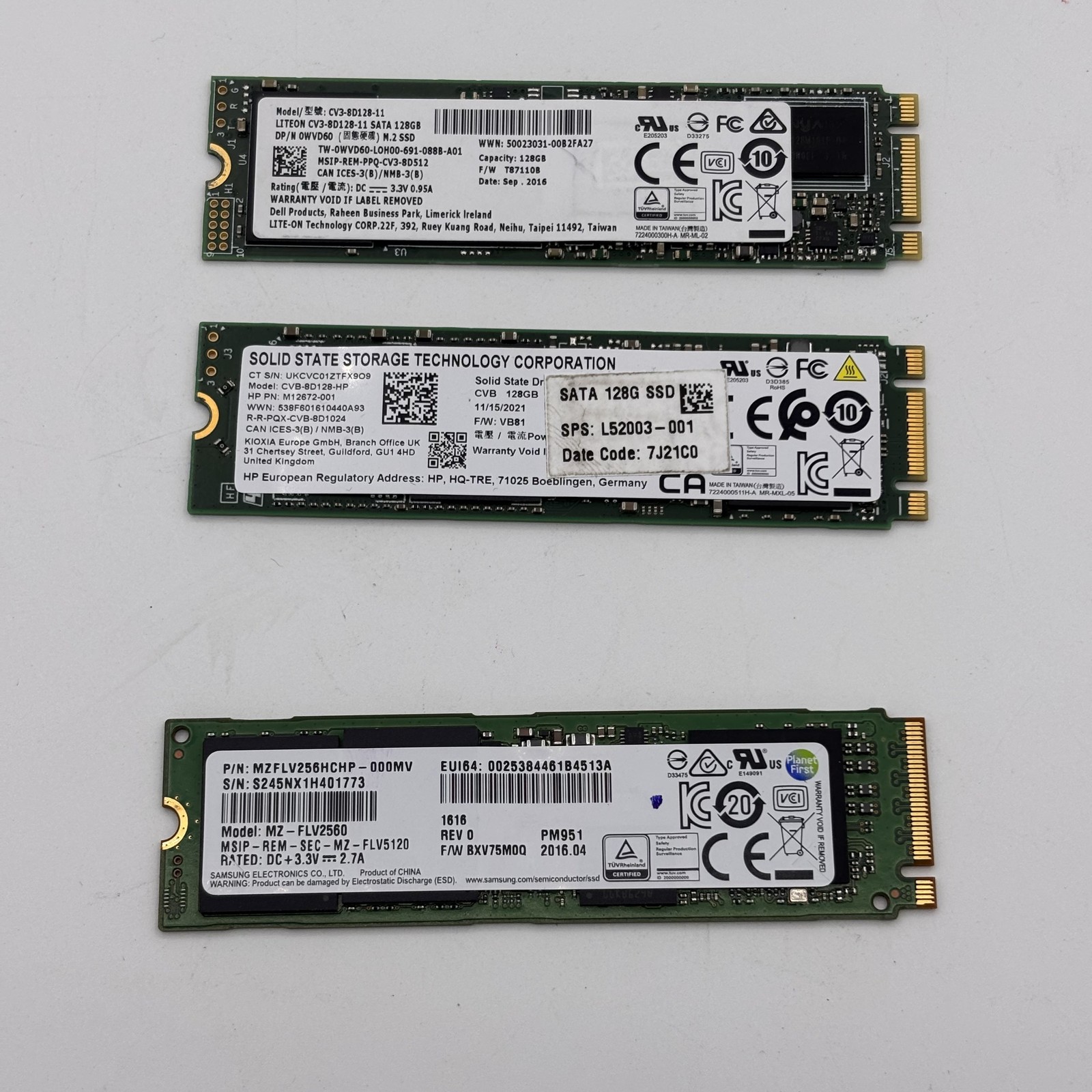 Lot of 3 M.2 SATA Solid State Drives SSDs - Samsung PM951, Kioxia, LiteOn 128GB