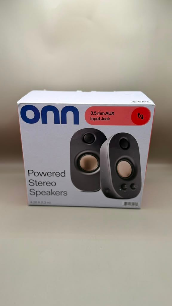 onn. Powered Stereo Speakers 3.5mm AUX Input Desktop Computer PC Speakers Black