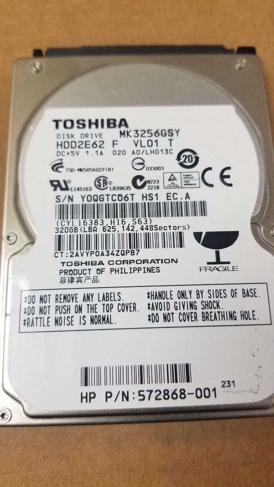 Toshiba MK3256GSY 320GB 7200RPM 2.5" SATA Laptop Hard Drive