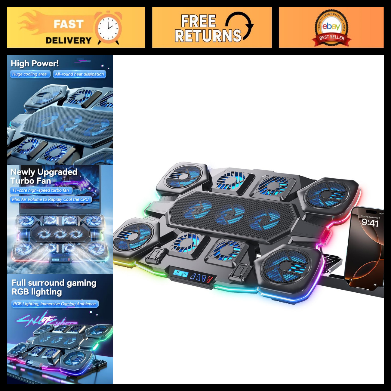 Ultra Quiet Gaming Laptop Cooling Pad - 11 Turbo Fans, RGB Lights, Adjustable St